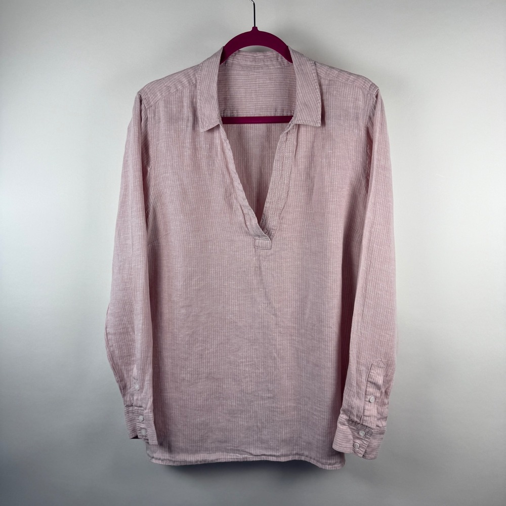 NYDJ Tunic Womens XL Pink Pinstripe Linen Blend V-Neck Popover MLNA3875